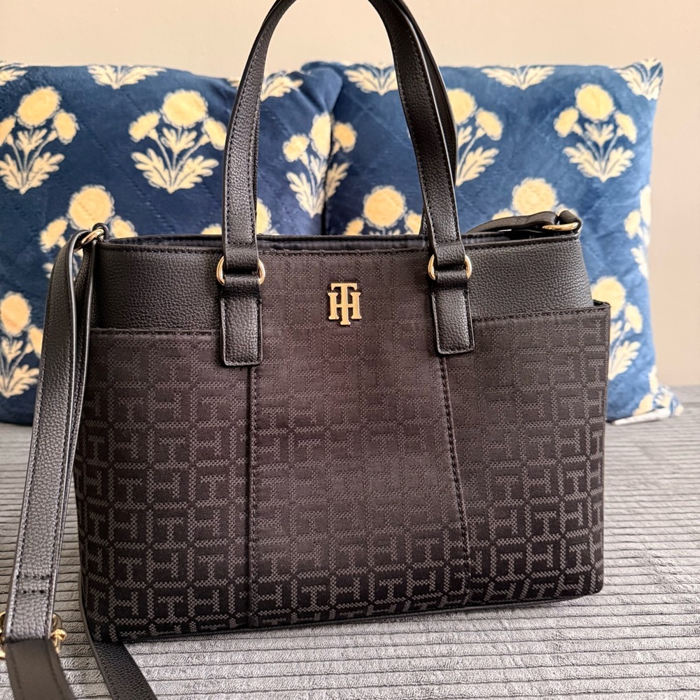 Tommy Hilfiger Women’s Black Monogram Tote Bag Satchel Crossbody Purse Logo